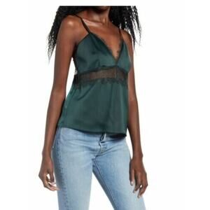 WAYF Women's Shari Lace Inset Camisole Dark Green X-Small MSRP $50